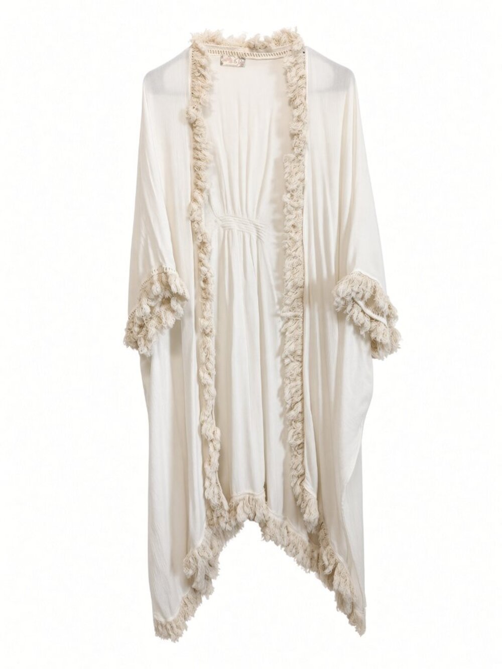 Free People OS Ivory Boho Fringe Kimono Cardigan Viscose Cream